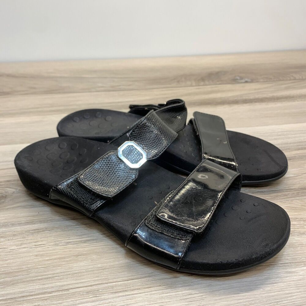 Vionic Womens Camila 341 Slide Sandals Black 8 Patent Leather Adjustable Straps‎